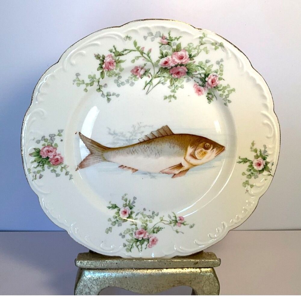 Stunning antique fish plate; LS & S Carisbad Austria; roses must see